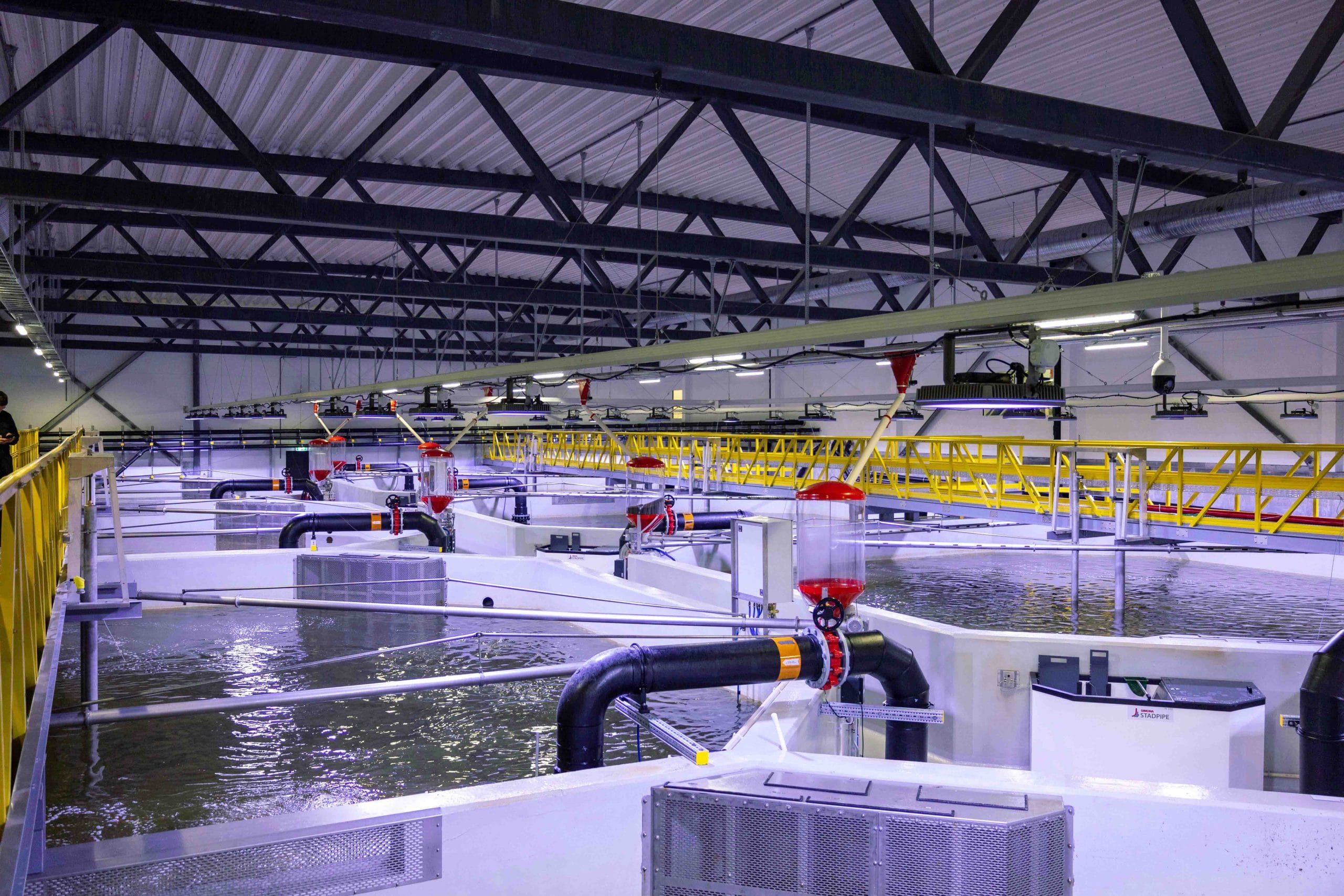 Interior of a RAS fish farming facility with tanks and walkways