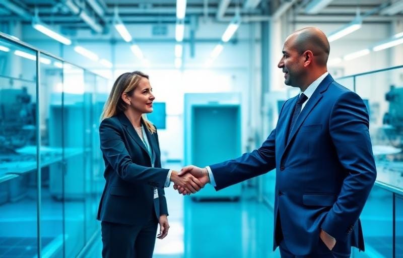 Two colleagues shaking hands inside a facility